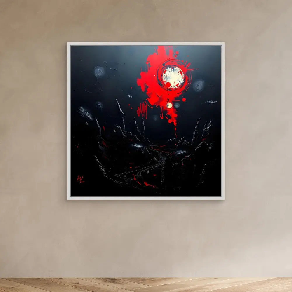 Abstract painting featuring a vibrant red splash against a dark background.