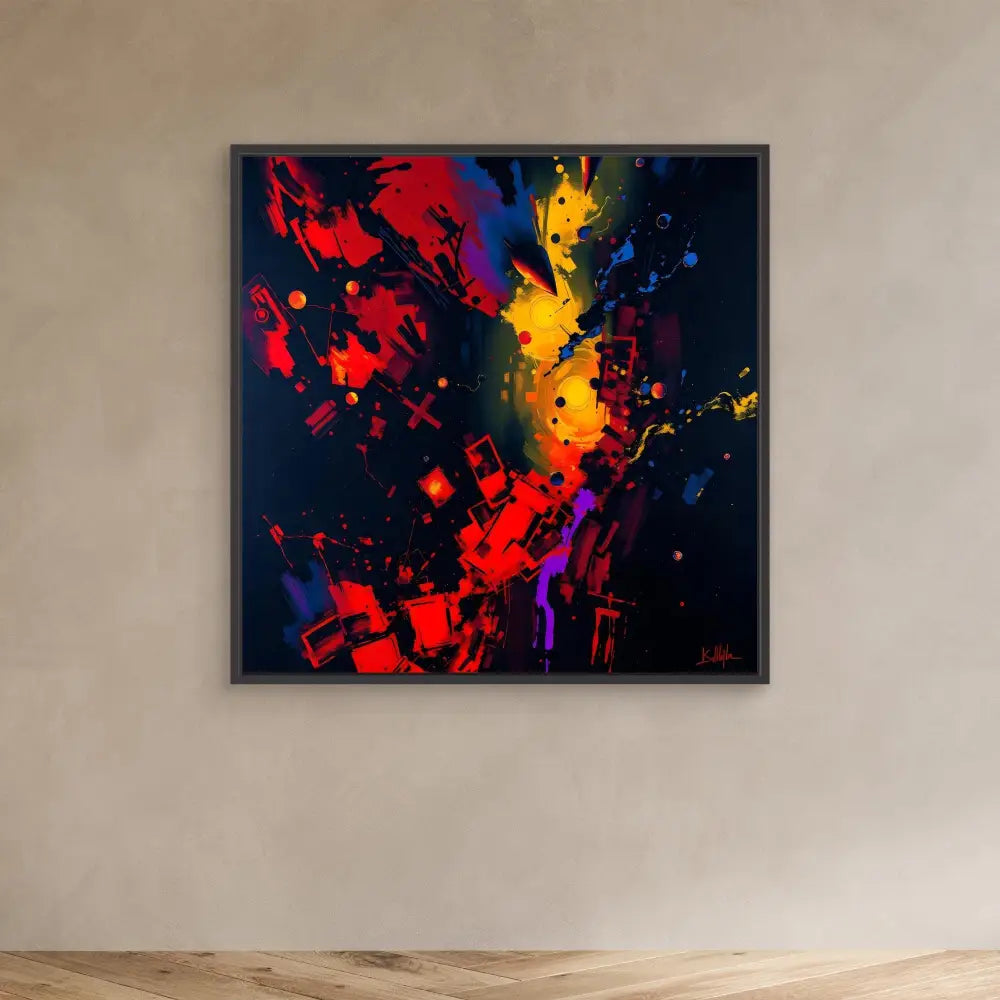 Abstract painting featuring vibrant splashes of red, yellow, purple and blue against a dark background.