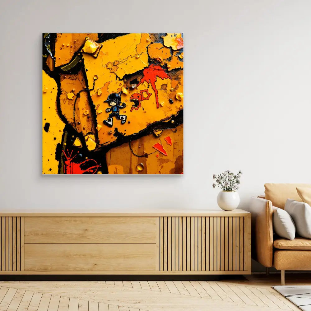 Abstract painting with vibrant yellow and black splatter patterns on canvas.