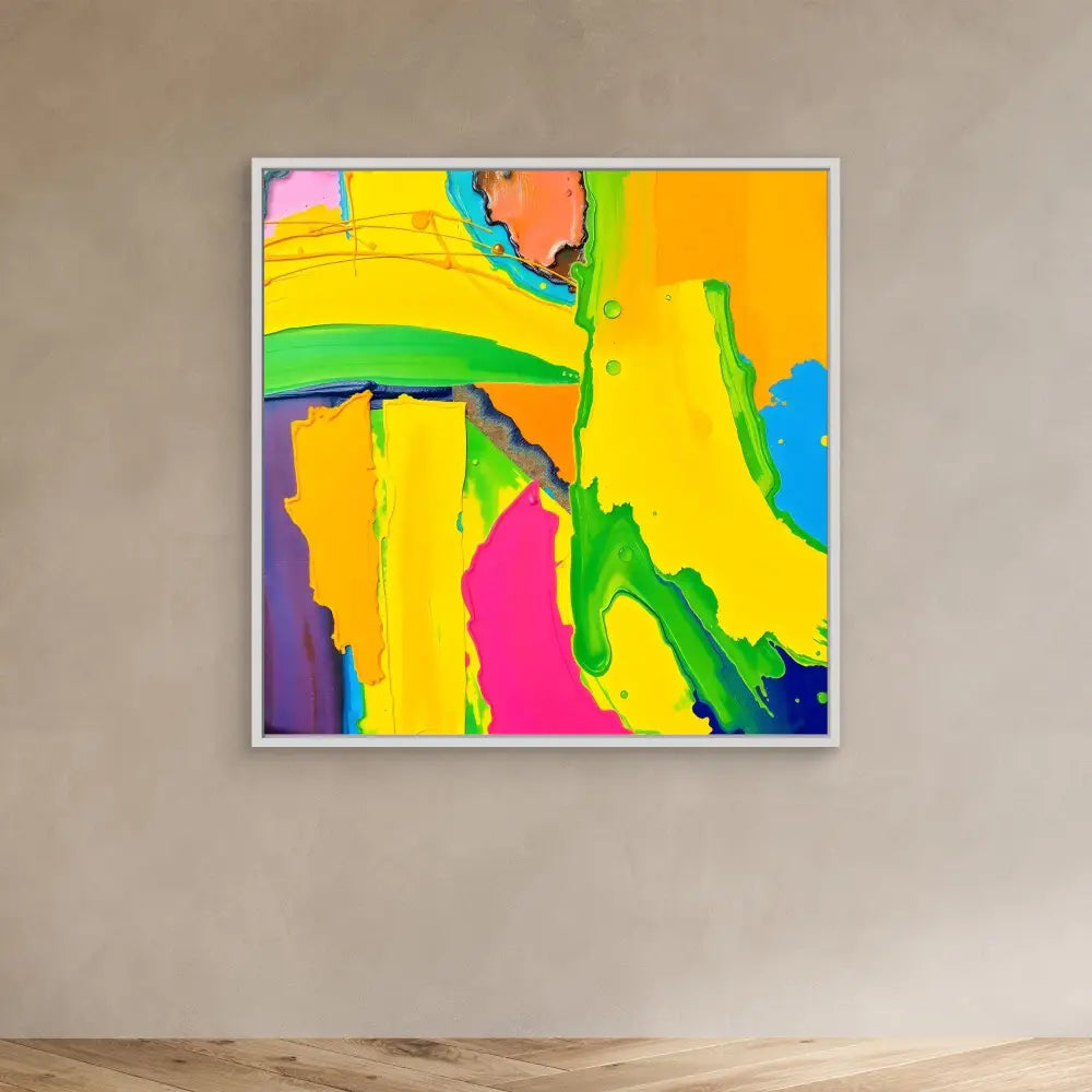 Abstract painting featuring vibrant yellow, green, pink and blue fluid shapes in a white frame.