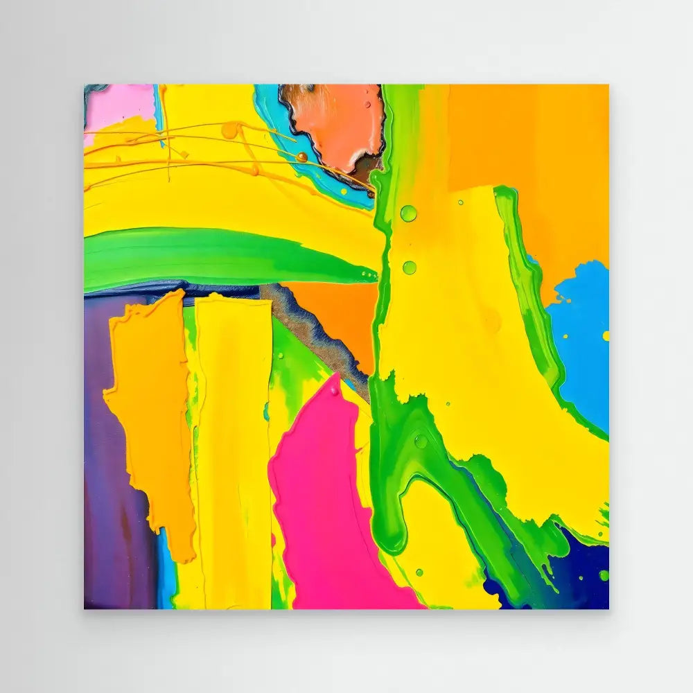 Abstract painting with vibrant yellow, orange, pink, green and blue fluid-like shapes.