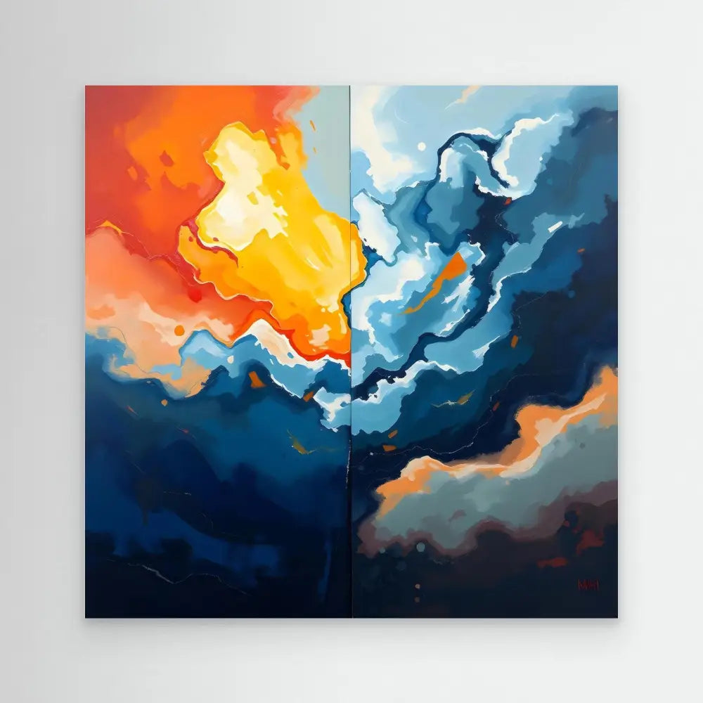 Abstract painting depicting contrasting warm orange and cool blue clouds in a dramatic sky.