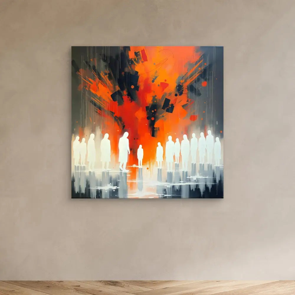 Abstract painting featuring white silhouettes against a dramatic orange and black sky.