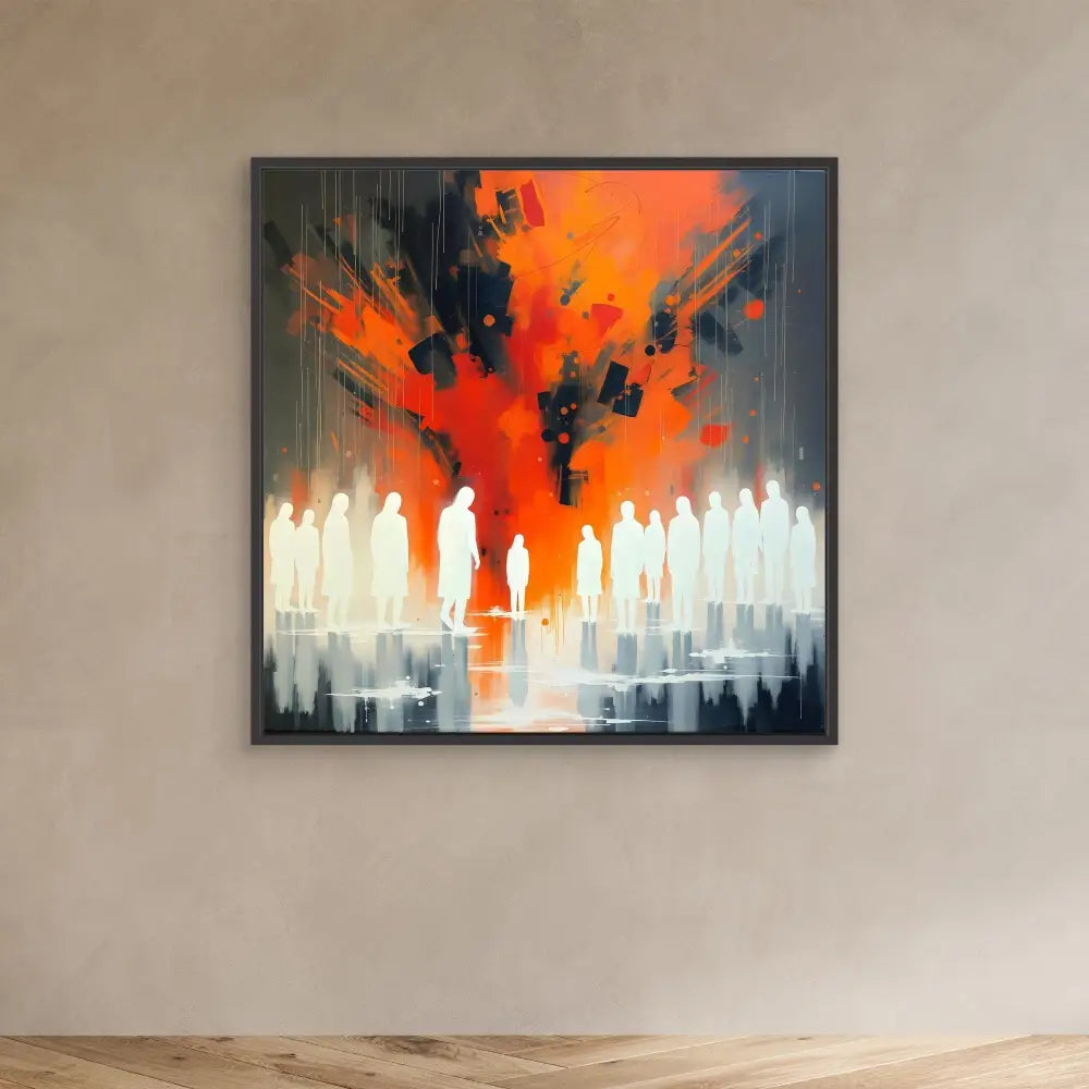 Abstract painting featuring white silhouettes against a fiery orange and black sky.