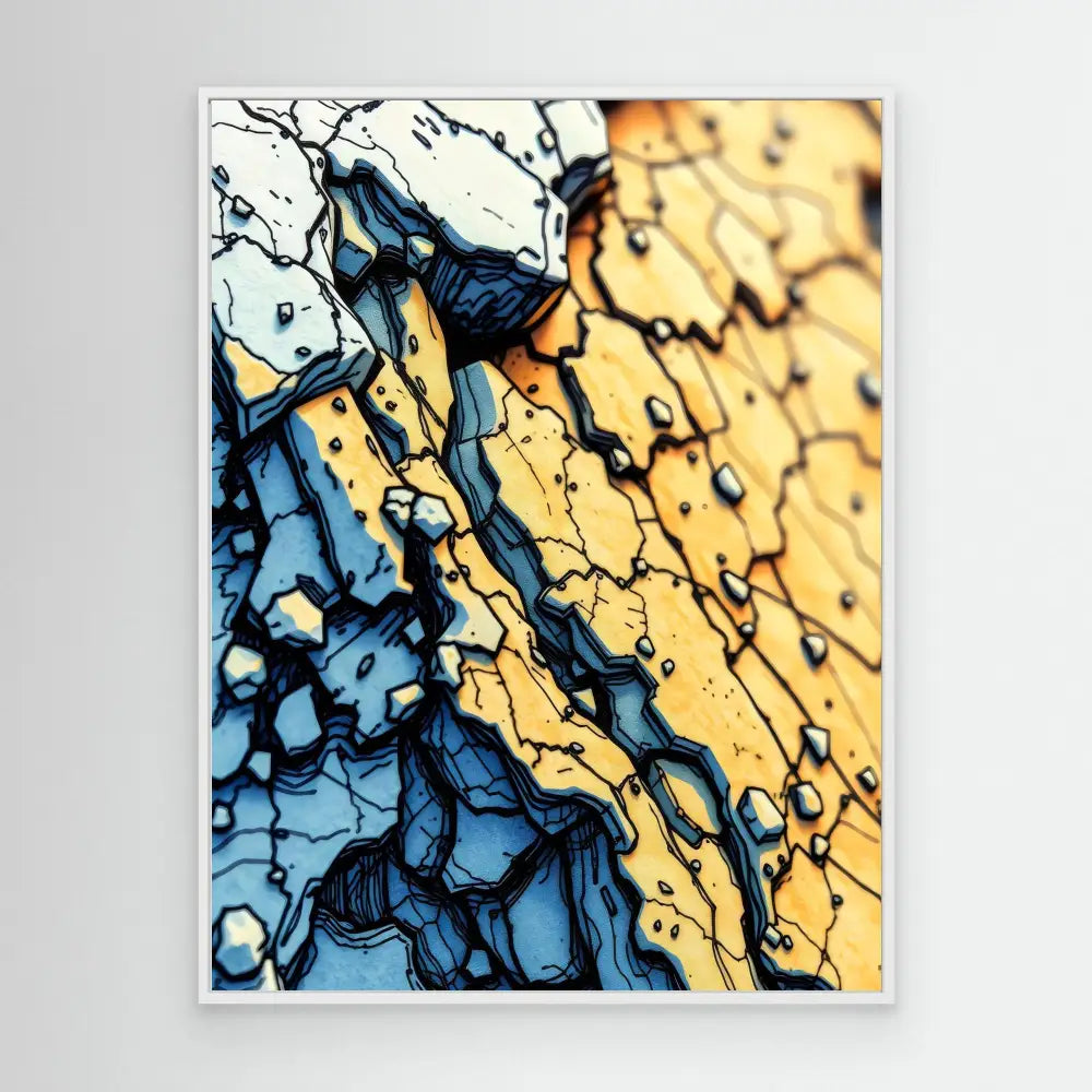 Abstract pattern of blue and yellow shapes with dark lines creating a cracked or fragmented appearance.