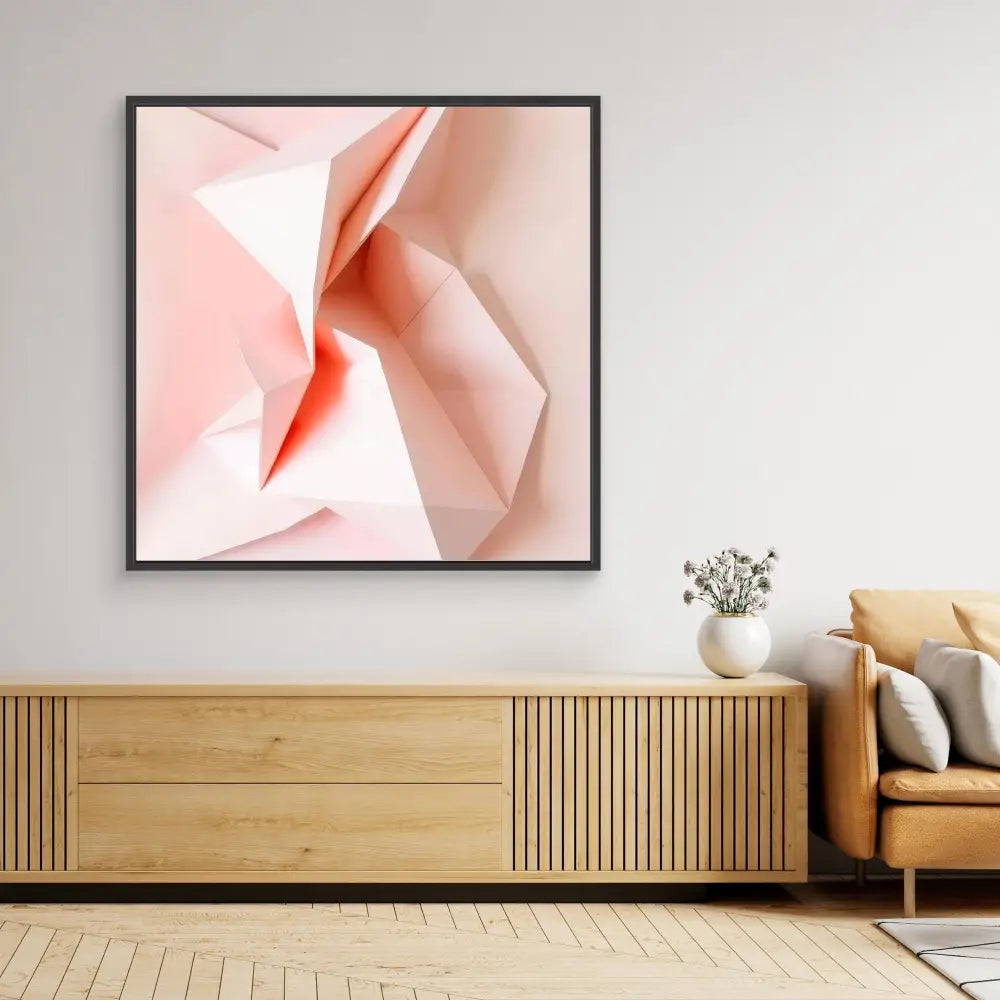 Abstract pink and white artwork with folded paper-like forms in a black frame.