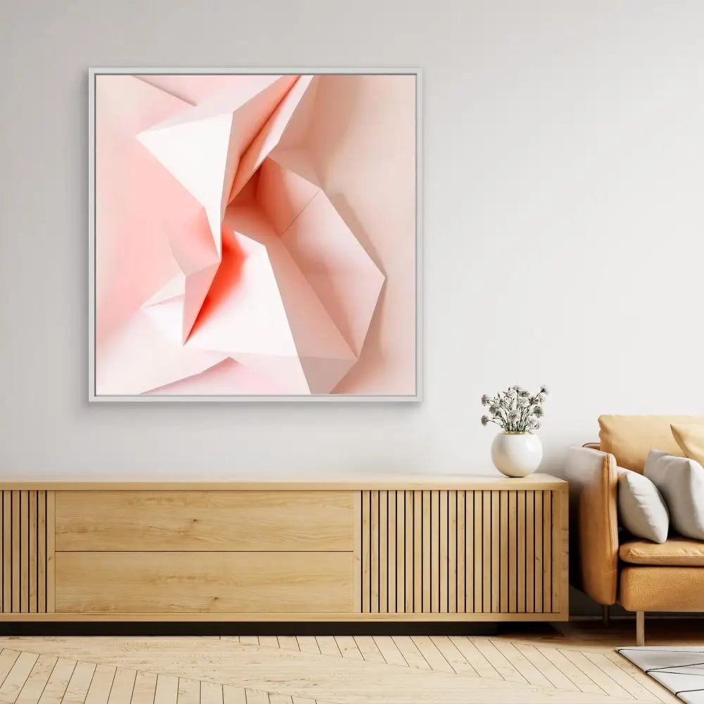 Abstract pink and white artwork with gentle folded paper-like forms.