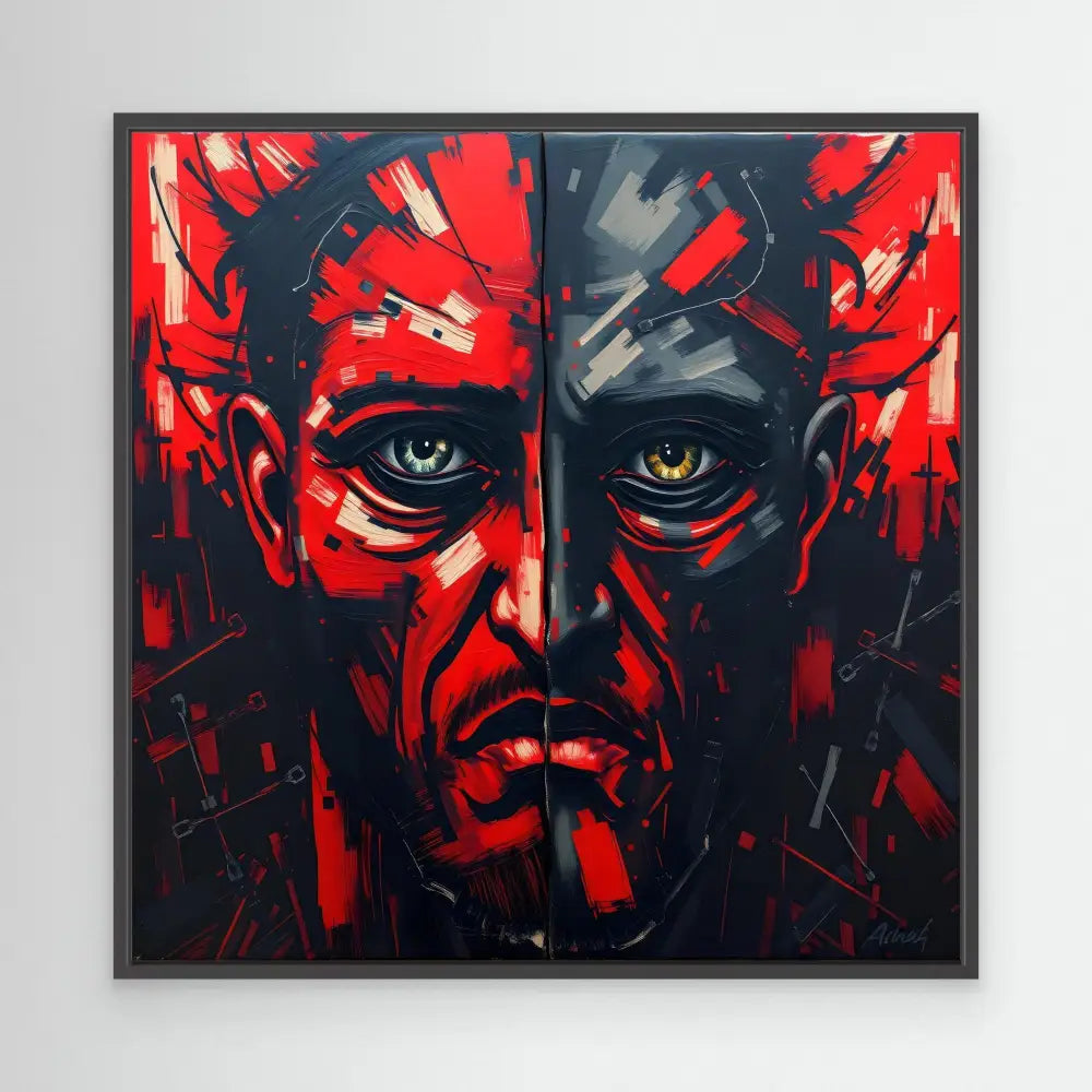 Abstract portrait painting in black and red featuring a dramatic fragmented face with intense eyes.