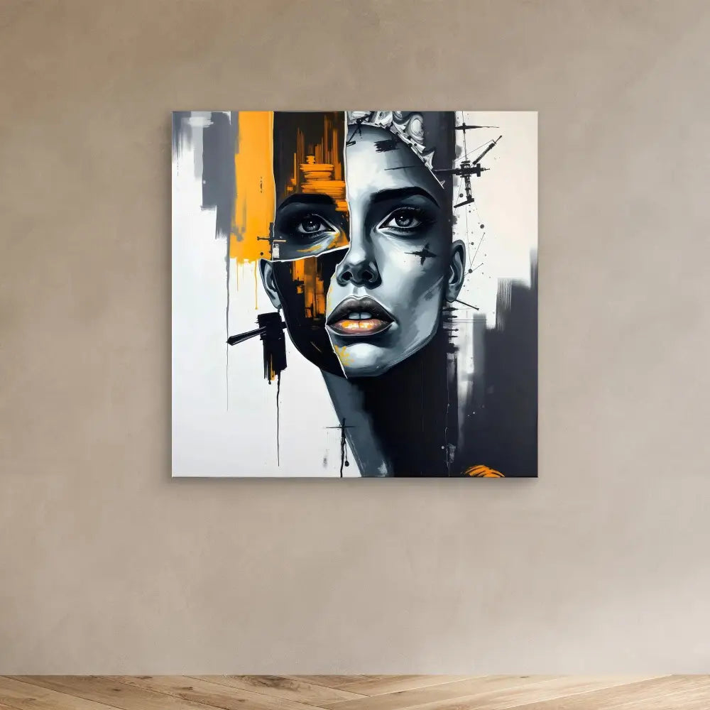 Abstract portrait painting featuring bold black, white and orange geometric elements in a contemporary style.