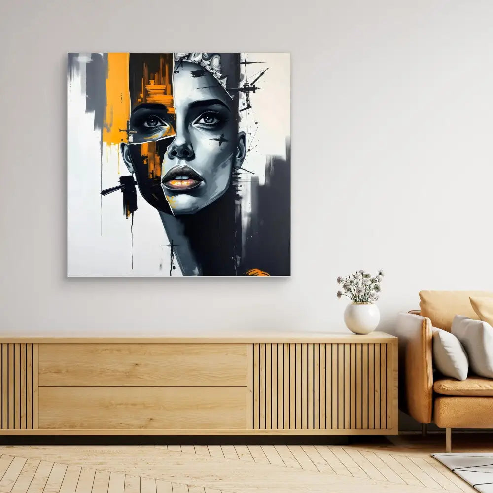 Abstract portrait painting featuring bold black, white and orange brushstrokes.