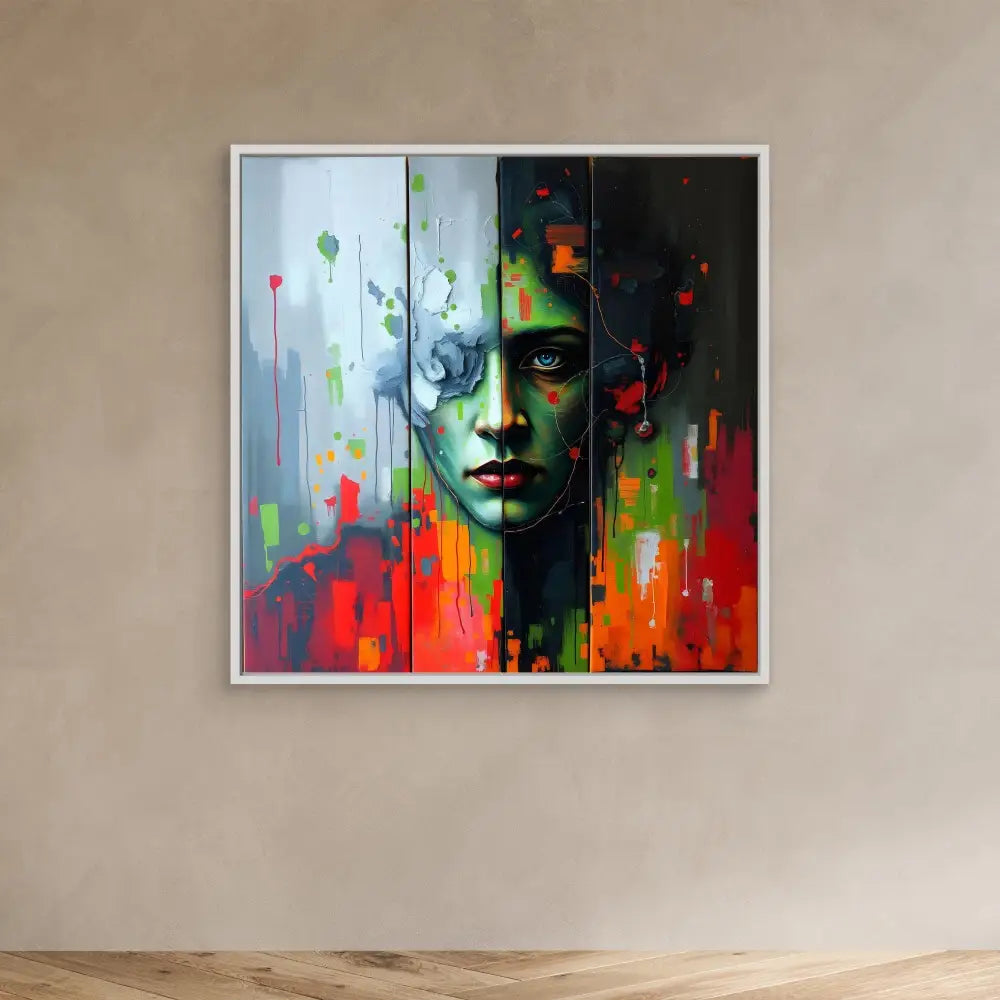 Abstract portrait painting featuring dramatic contrasts of dark and bright colors with dripping paint effects.