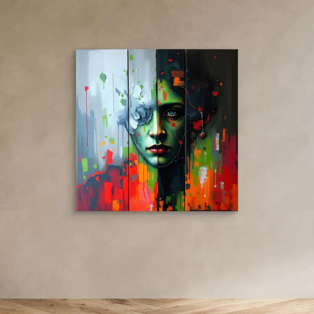 Abstract portrait painting featuring dramatic contrasts between dark and vibrant colors.