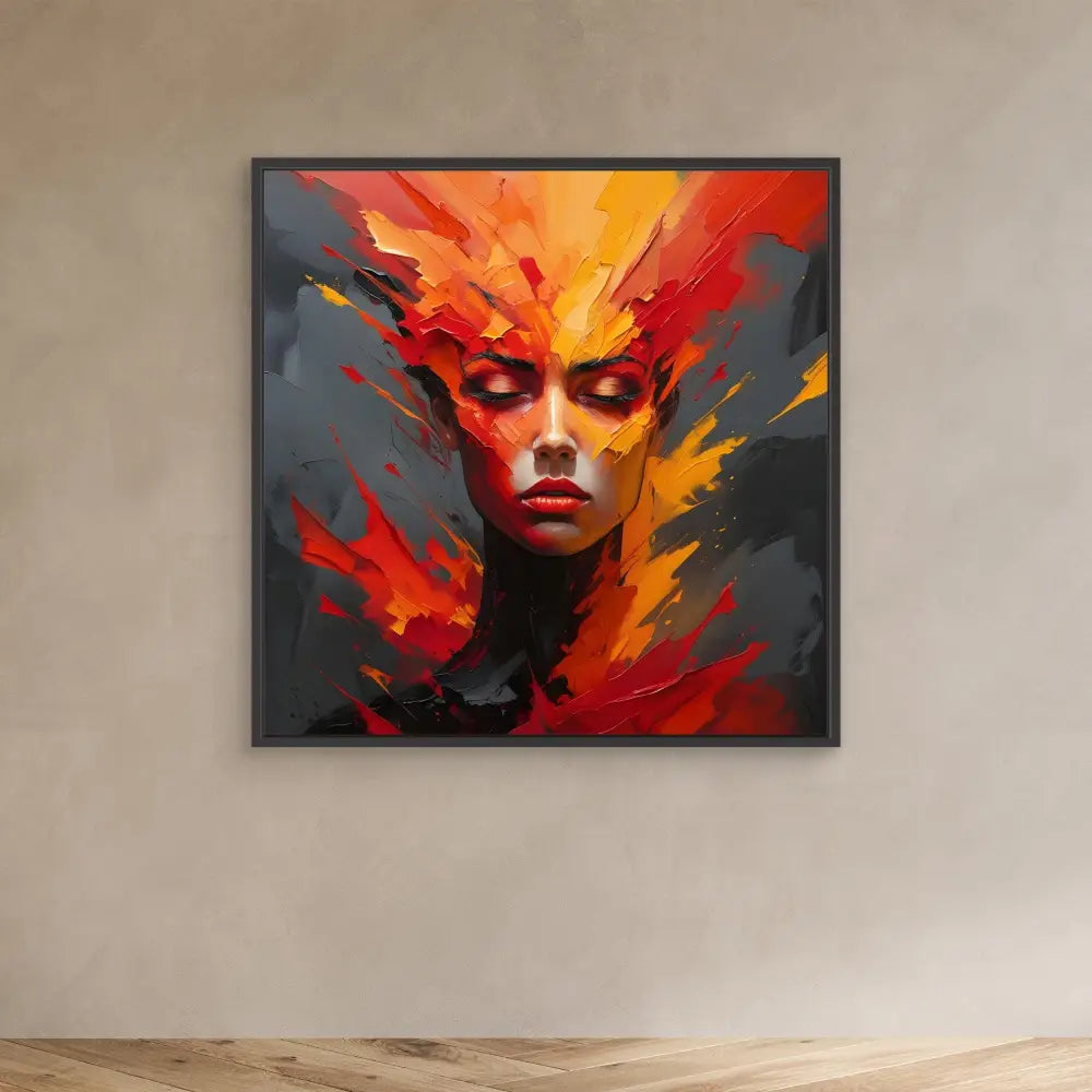 Abstract portrait painting featuring dramatic red, orange and yellow flame-like brushstrokes against a dark background.