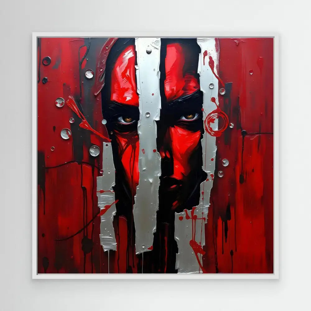 Abstract portrait in red and black with metallic silver accents and dripping paint effects.