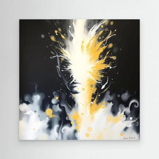 Abstract portrait rendered in explosive white and yellow paint splashes against a dark backdrop.