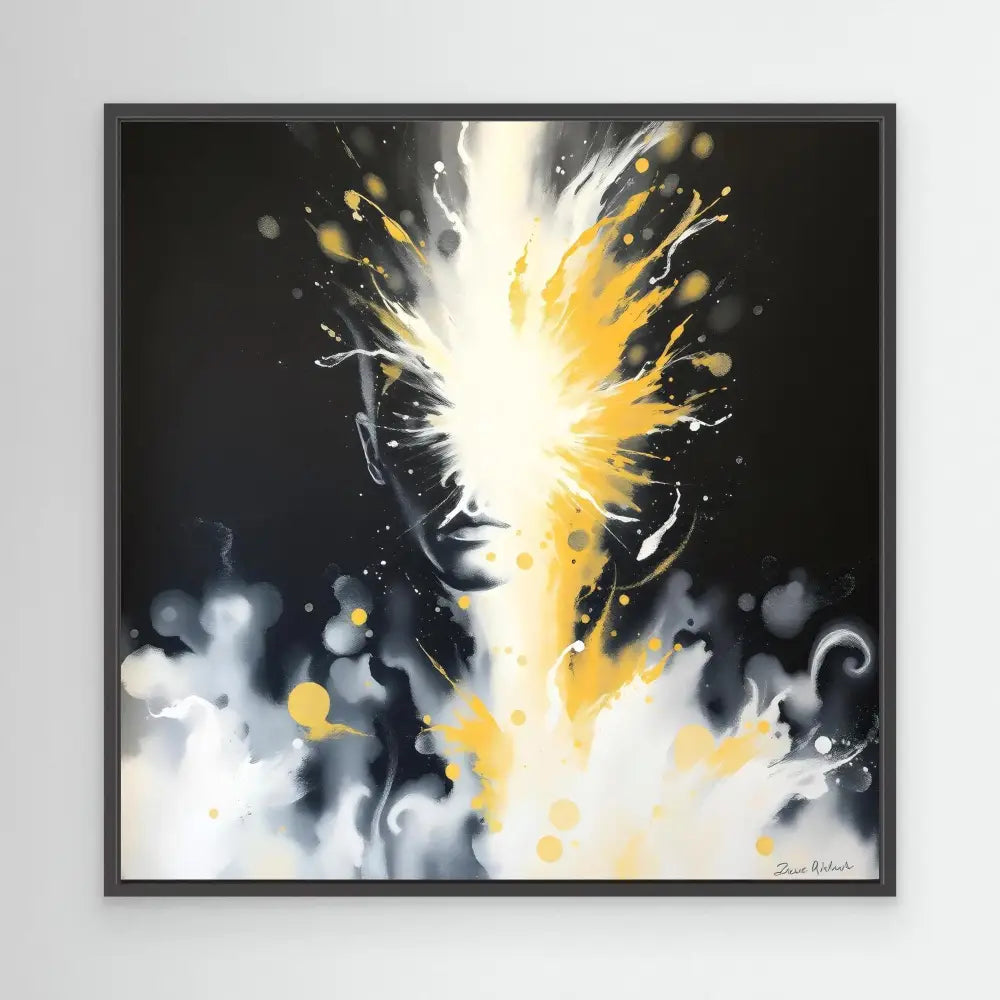 Abstract portrait rendered in explosive yellow and white paint splashes against dark tones.