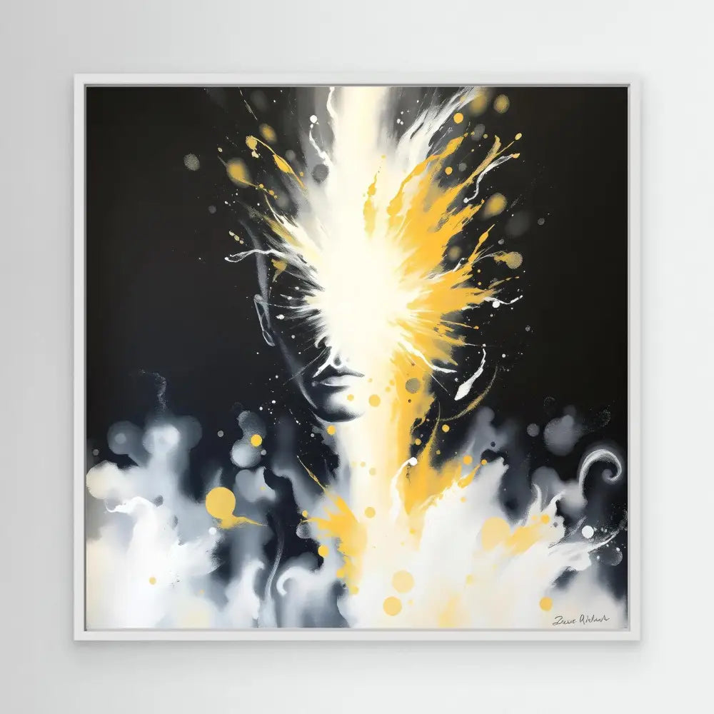 Abstract portrait rendered in explosive yellow and white paint splashes against a dark backdrop.