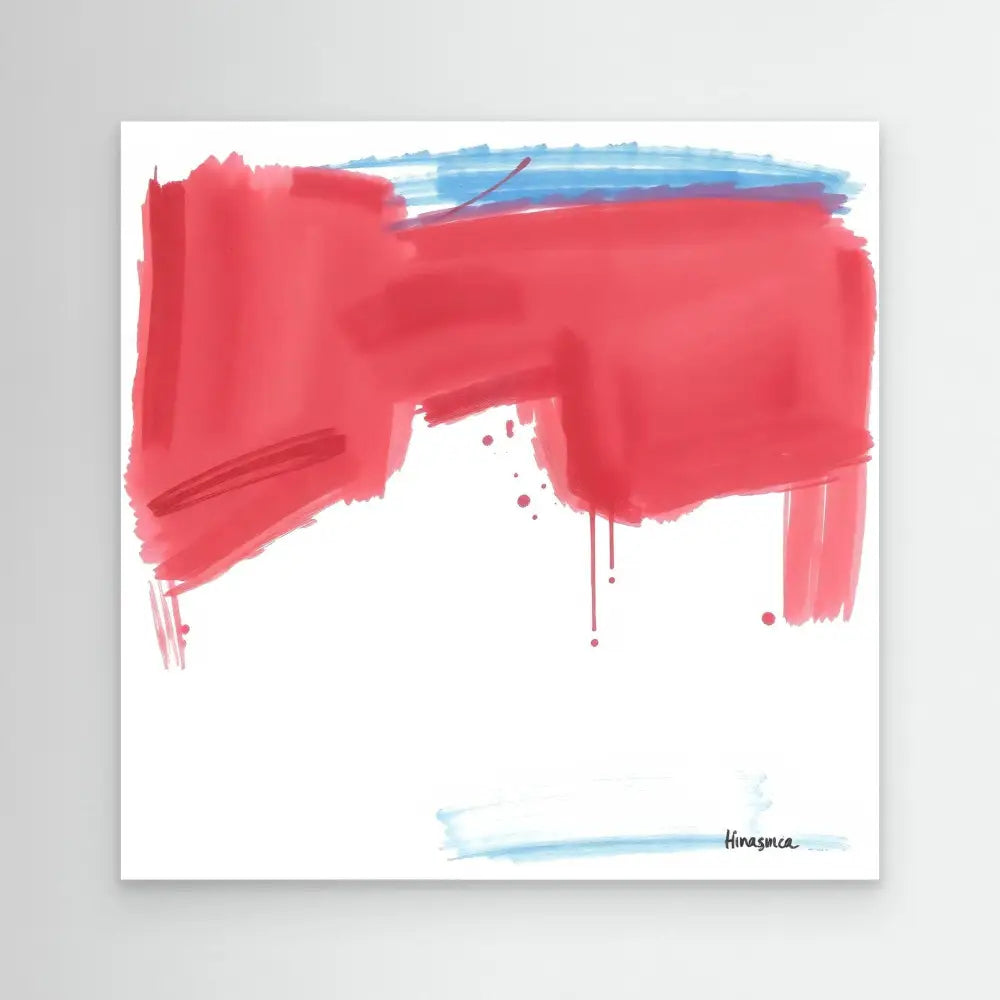 Abstract red brushstroke with light blue accents.