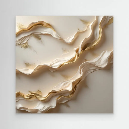 Abstract sculptural artwork featuring flowing, wavy layers in cream and gold tones.