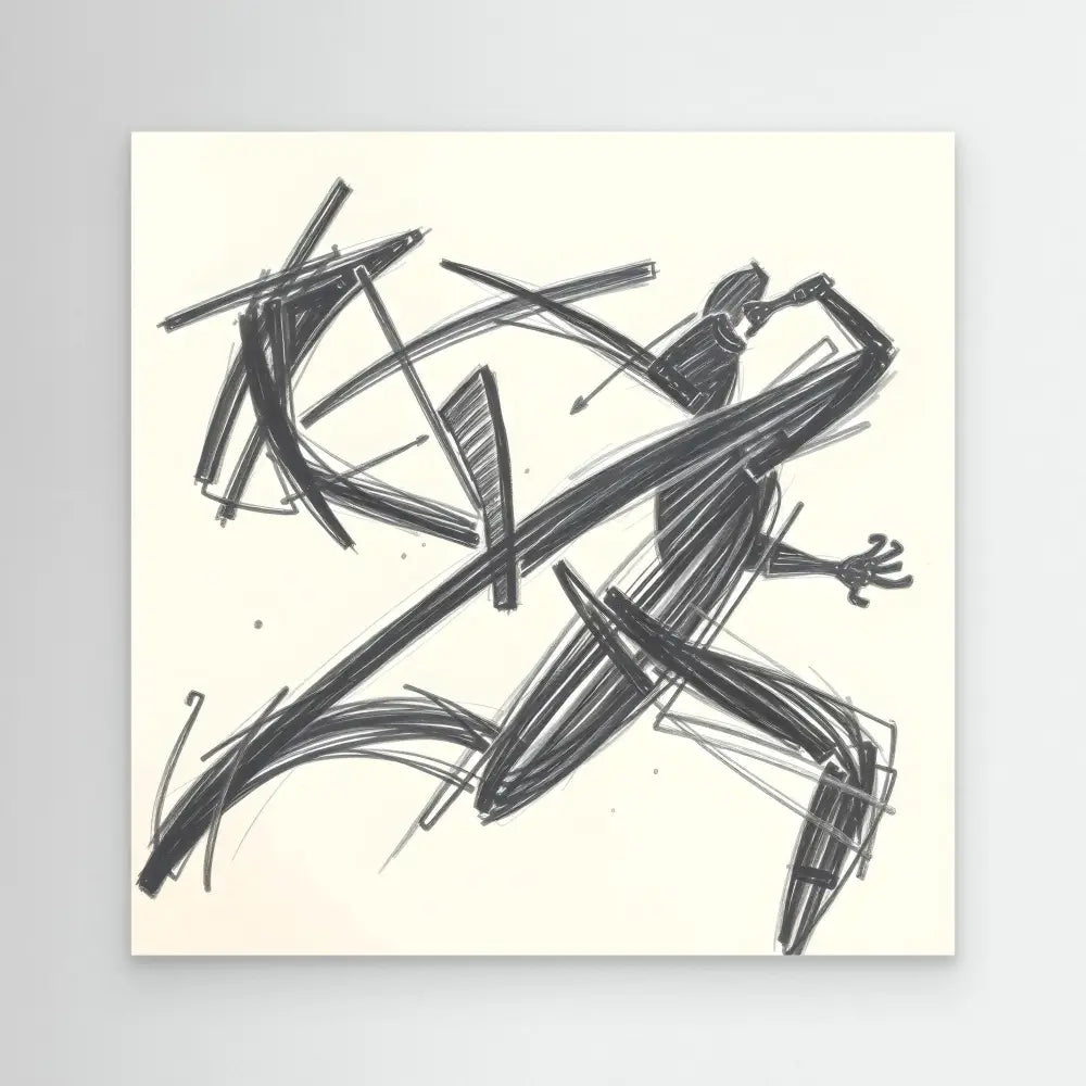 Abstract sketch of a running figure rendered in bold, dynamic brushstrokes.