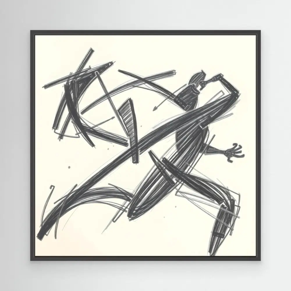 Abstract sketch of a running figure rendered in bold, dynamic brushstrokes.