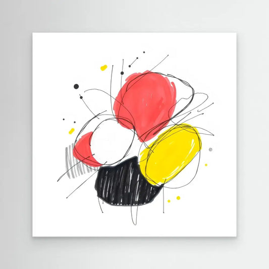 Abstract sketch of overlapping red, yellow, white and black circular shapes with loose pencil lines.