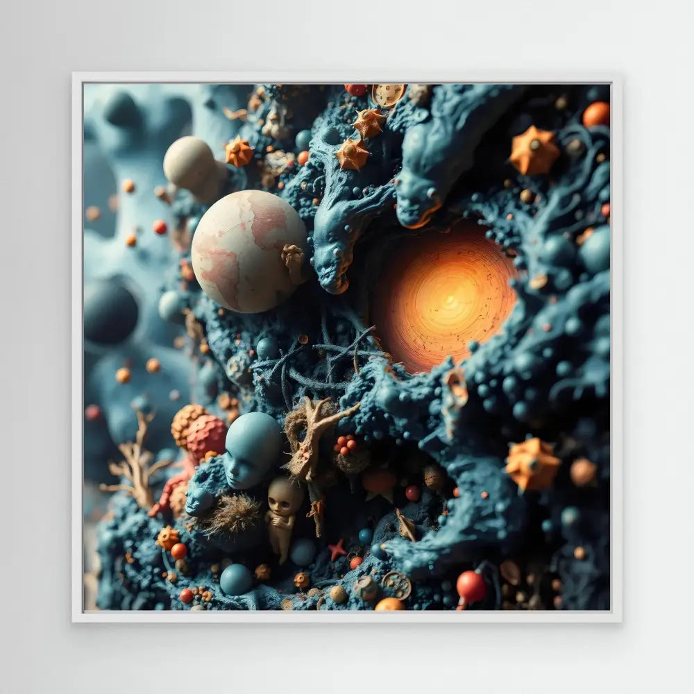 Abstract spherical objects and stars in turquoise and orange tones.