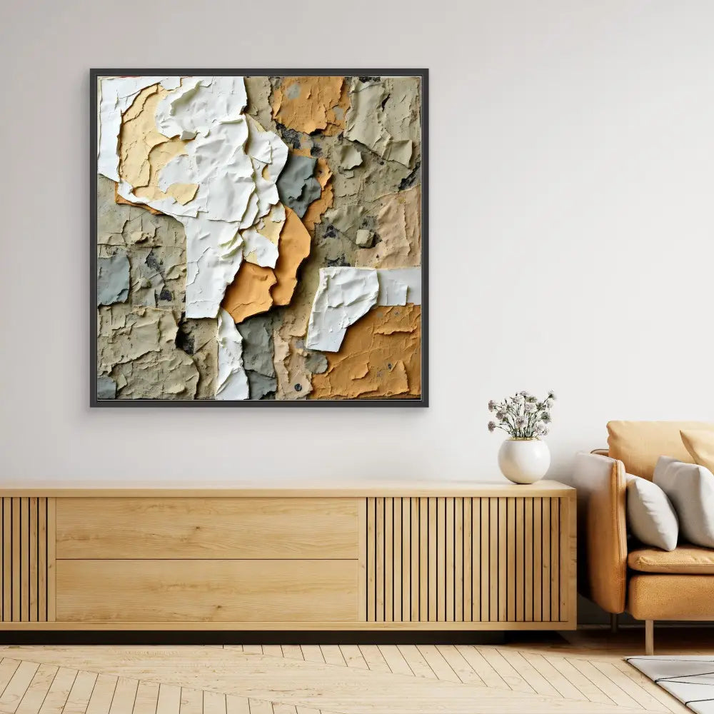 Abstract textural artwork featuring peeling layers of paint in white, tan and gray tones.