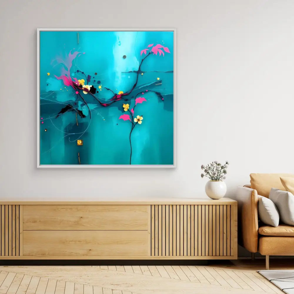 Abstract turquoise artwork with pink floral elements and black branches against a vibrant aqua background.