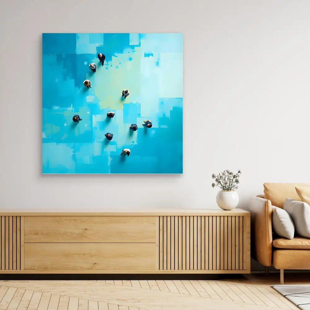 Abstract turquoise canvas artwork with black floating elements mounted above a wooden credenza.