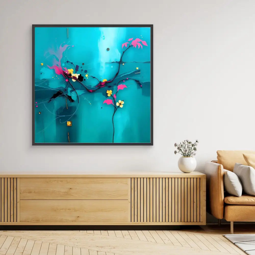 Abstract turquoise painting with pink floral accents in a black frame.