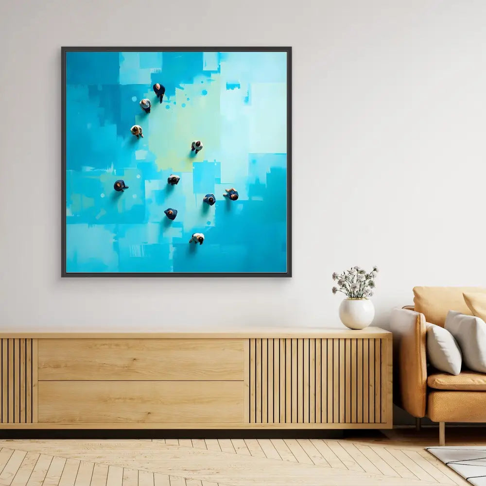 Abstract turquoise painting with scattered black elements in a black frame.