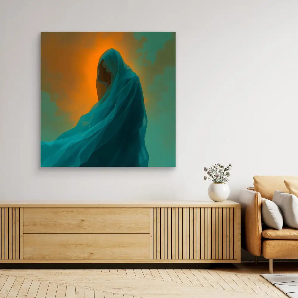 Abstract turquoise silhouette against an orange glowing backdrop.