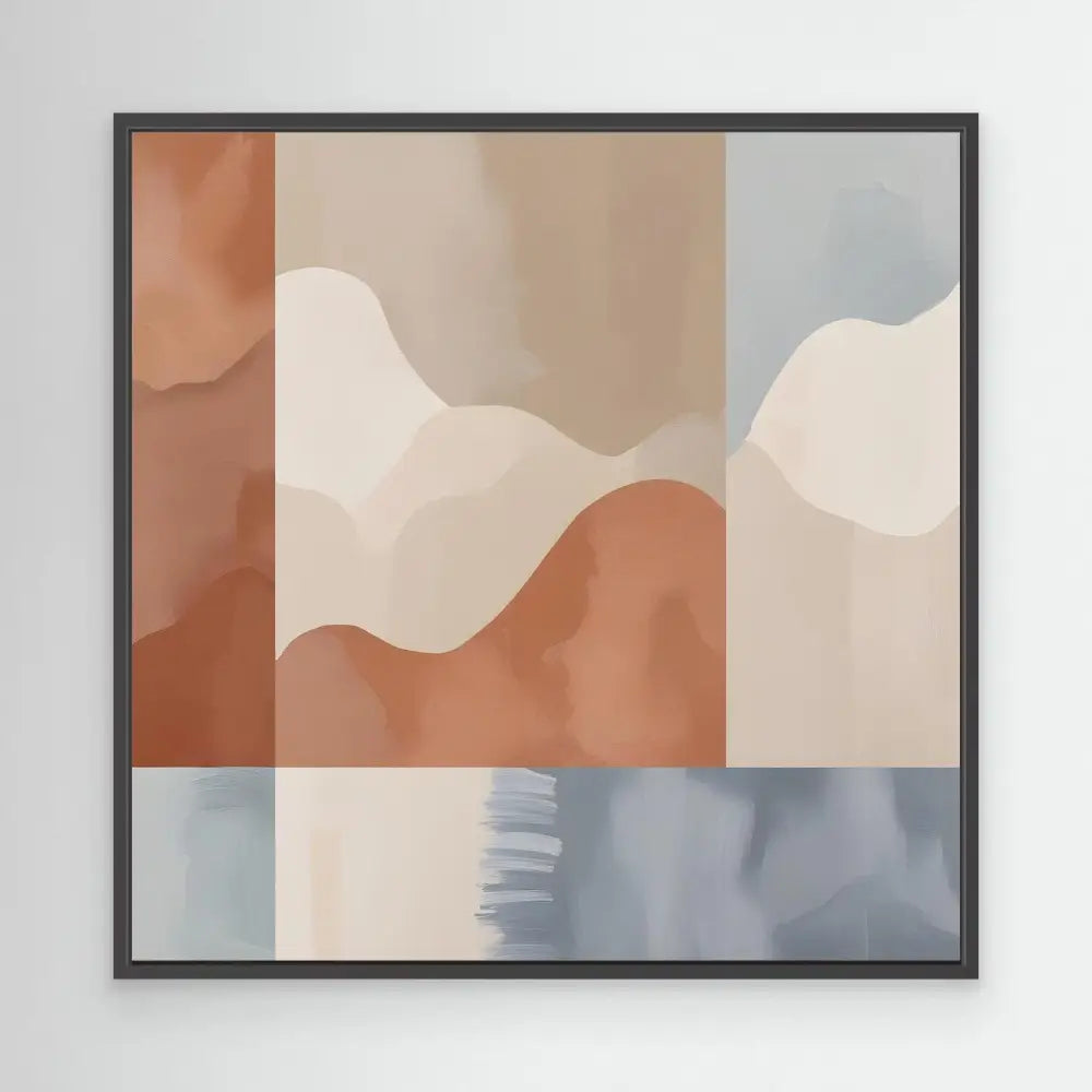 Abstract wall art featuring curved shapes in terracotta, beige and gray tones.