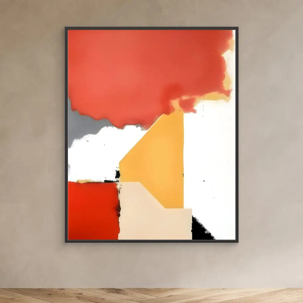 Abstract wall art featuring geometric shapes in red, orange, beige, white and black colors.