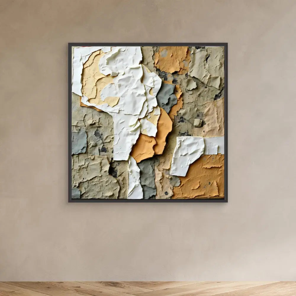 Abstract wall art featuring peeling layers of paint in white, orange, and gray tones.