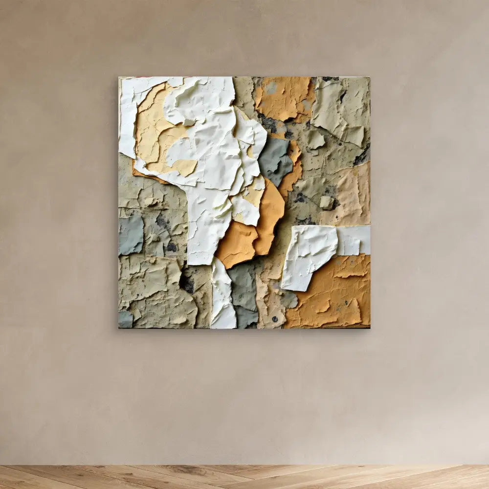 Abstract wall art featuring peeling layers of paint in white, orange, and gray tones.