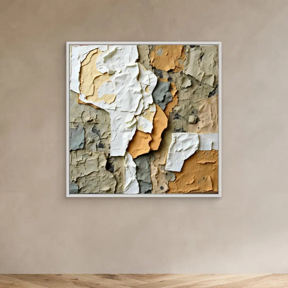 Abstract wall art featuring peeling layers of paint in white, orange, and gray tones.