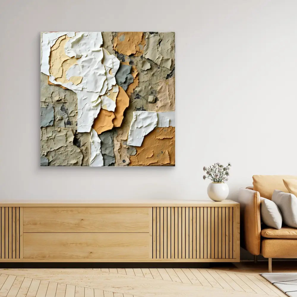 Abstract wall art featuring peeling layers of paint in white, tan and gray tones.