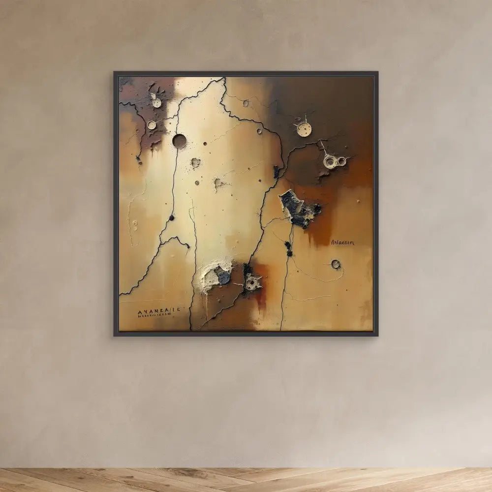 Abstract wall art featuring metallic brown tones with black lines and butterfly accents.