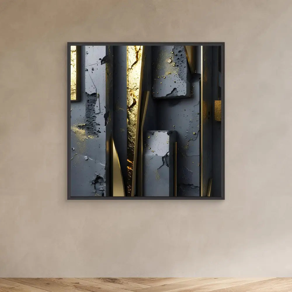 Abstract wall art featuring metallic gold and black vertical elements with textured surfaces.