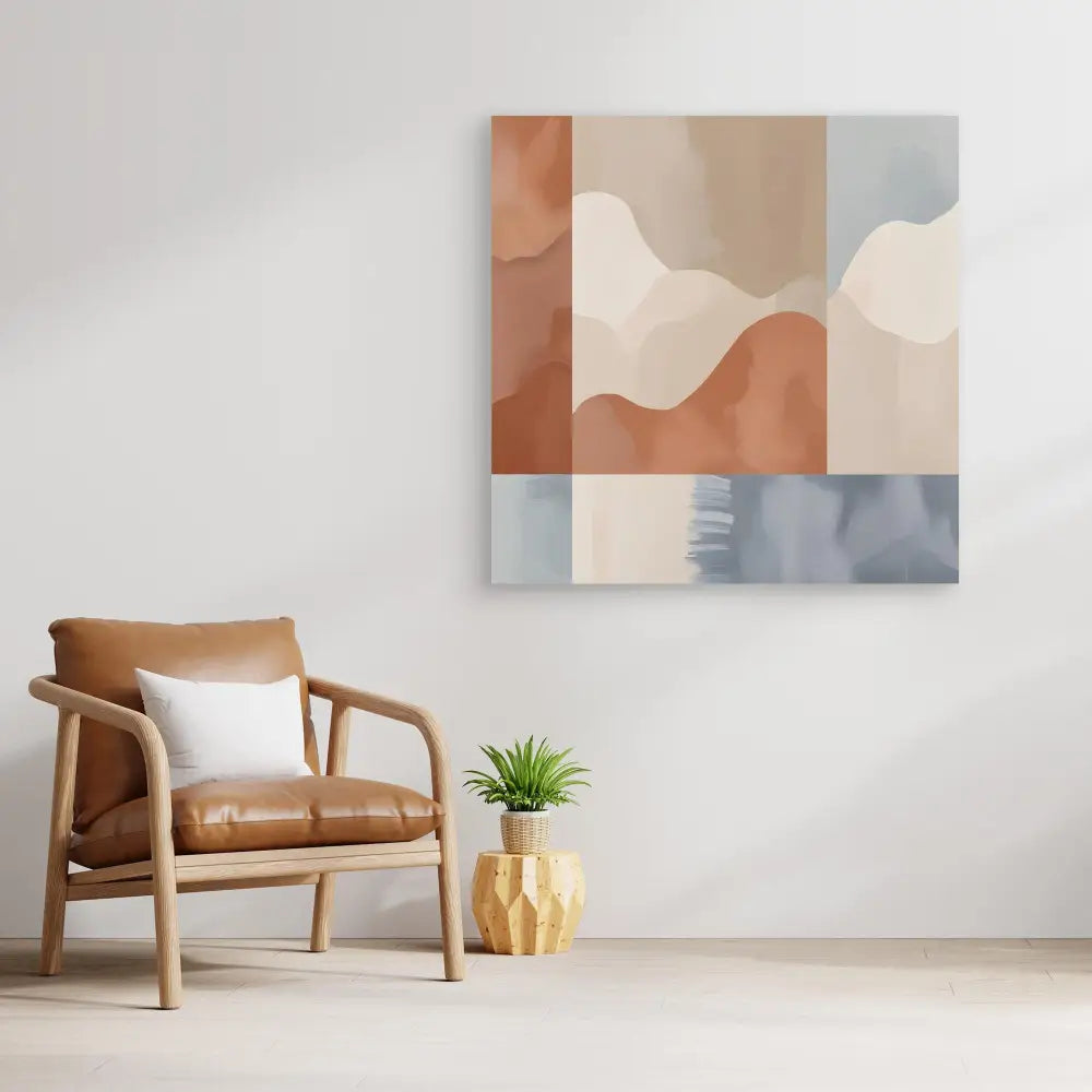 Abstract wall art featuring organic shapes in terracotta, beige, and blue tones.