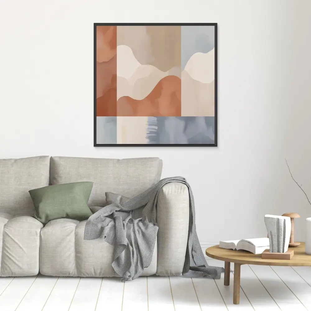 Abstract wall art featuring organic shapes in terracotta, cream, and blue-gray tones.