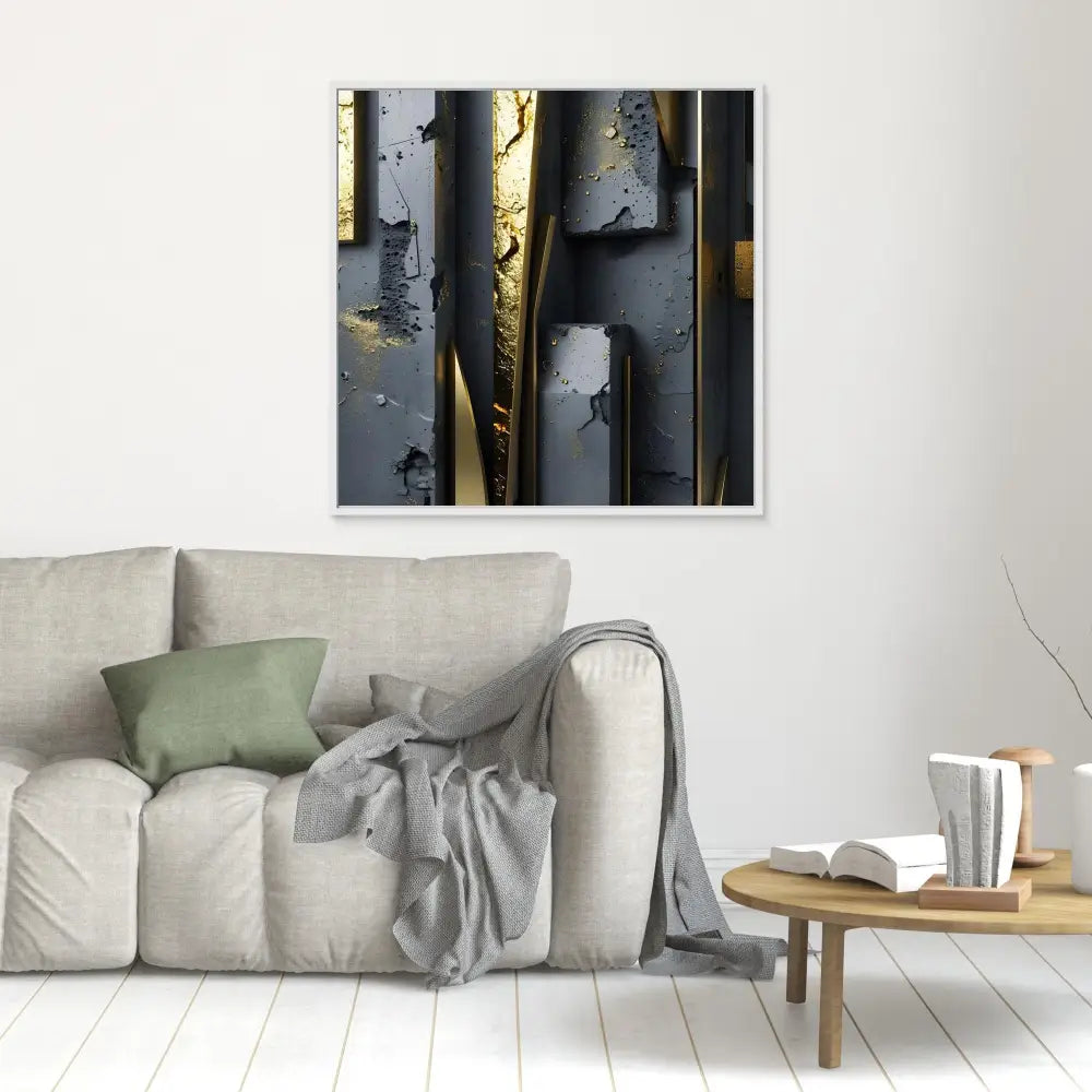 Abstract wall art featuring textured metallic panels with gold accents.