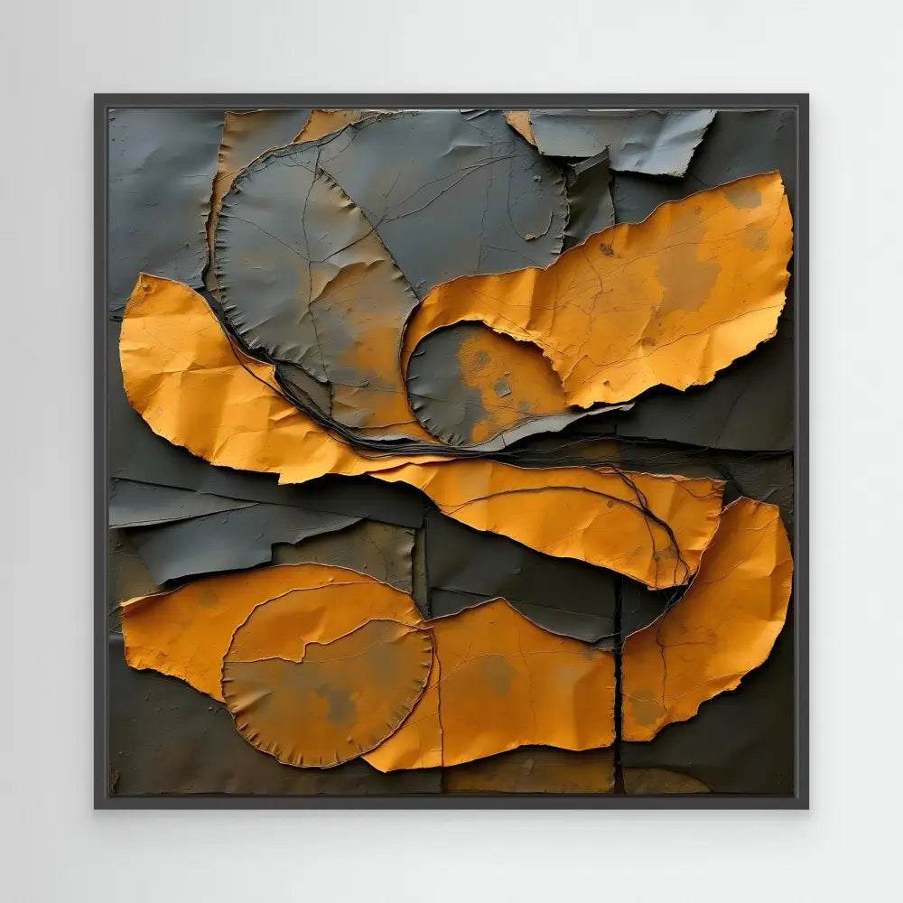 Abstract wall art featuring torn or peeling layers in orange and charcoal gray colors.