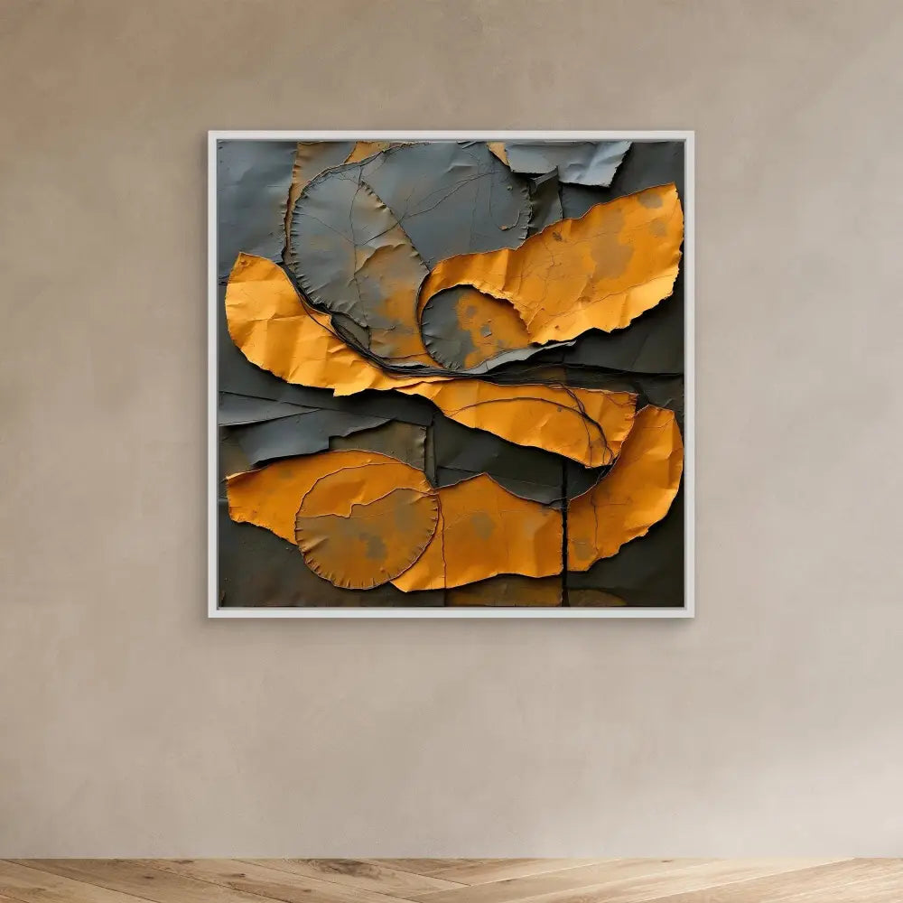 Abstract wall art featuring torn metallic shapes in orange and charcoal gray.