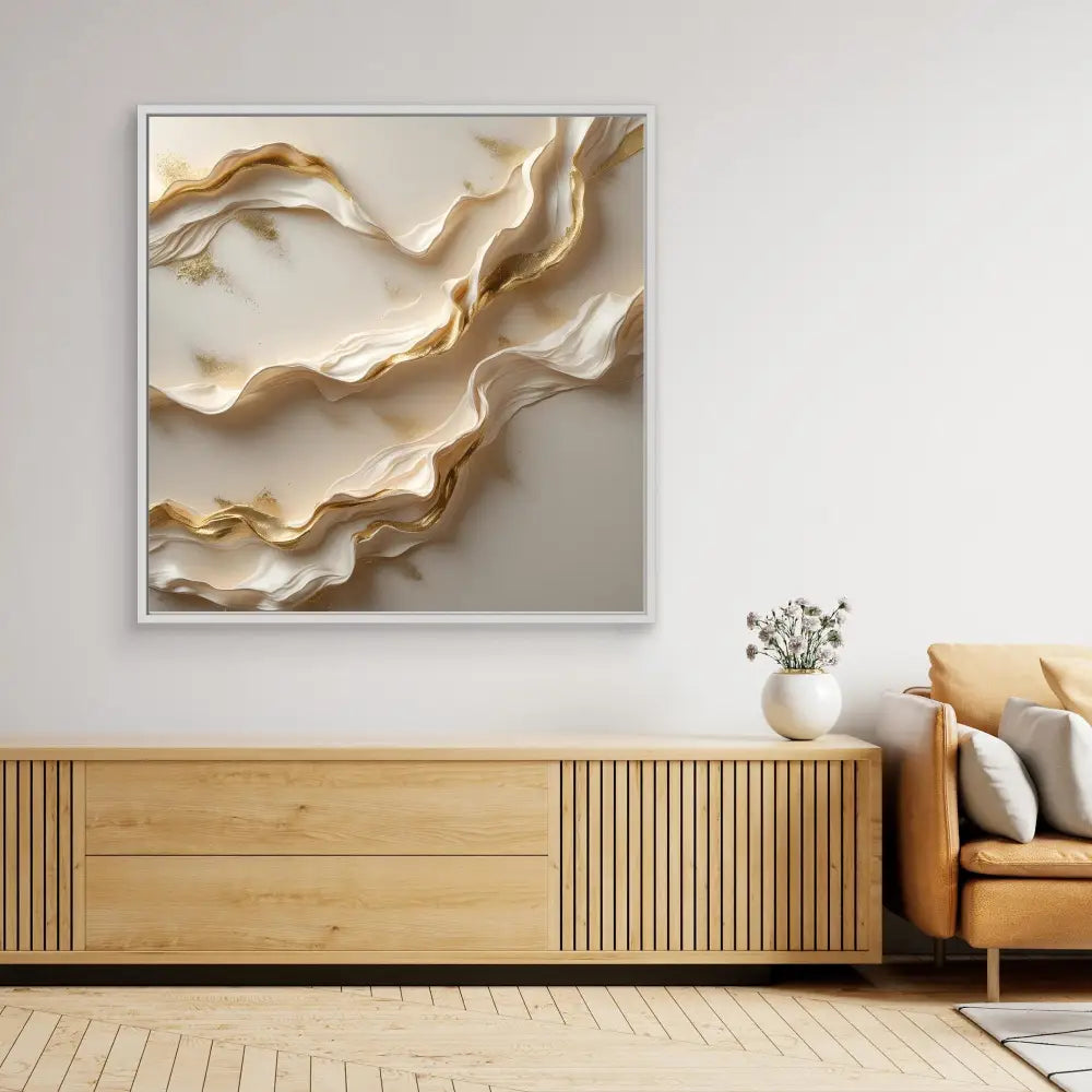 Abstract wall art featuring flowing, wave-like forms in cream and beige tones.