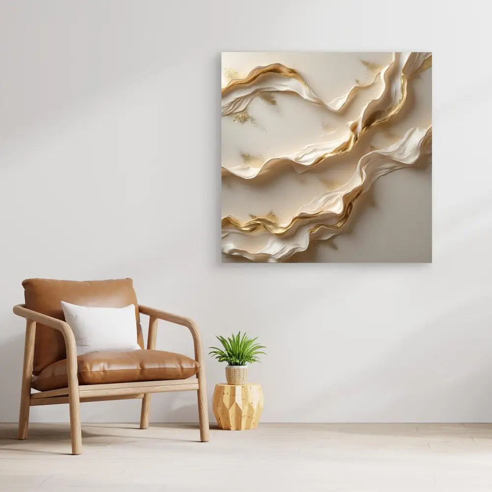 Abstract wall art featuring flowing, wave-like forms in cream and beige tones.