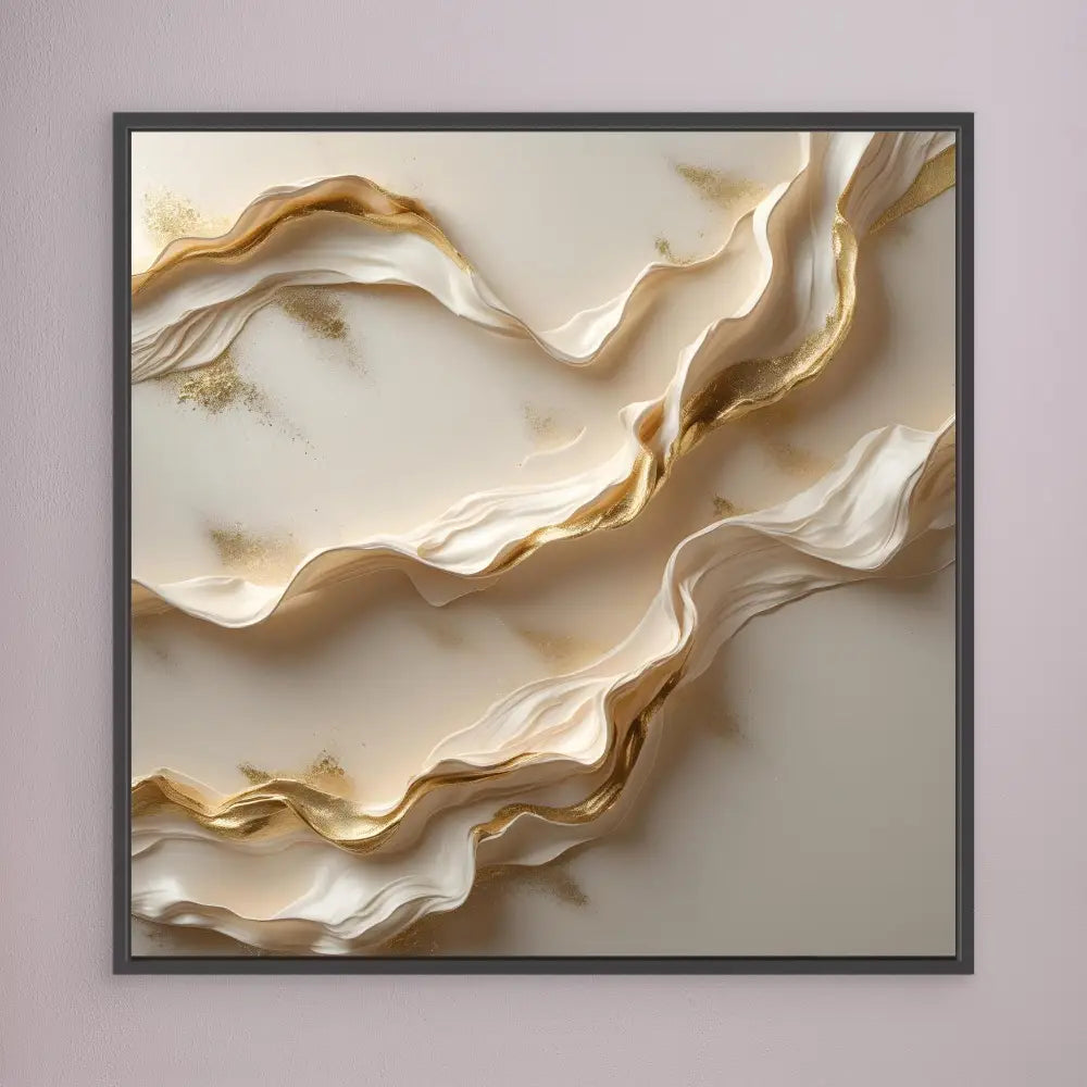 Abstract wall art featuring flowing, wavy layers in cream and beige tones.