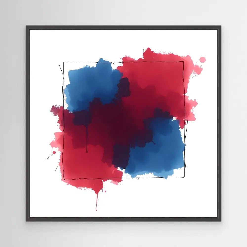 Abstract watercolor artwork featuring blended red and blue splotches within a black frame.